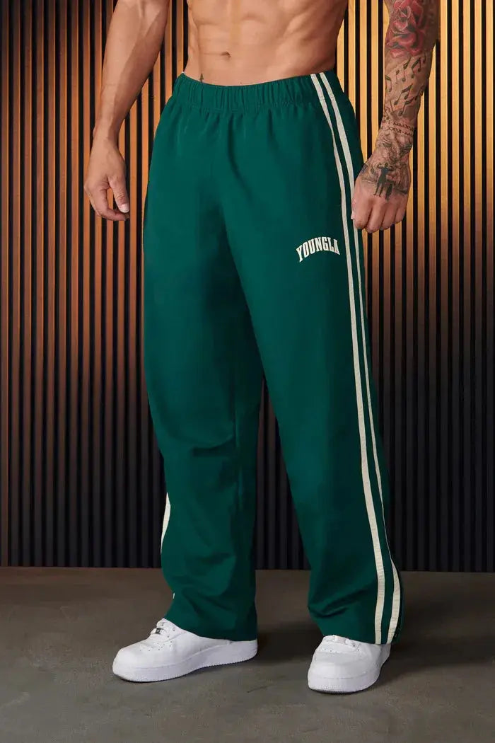 Men Double Side Stripe Quick Dry Wide Leg Track Pants Elastic Waist Straight Floor Length Gym Training Retro Loose Casual Sports