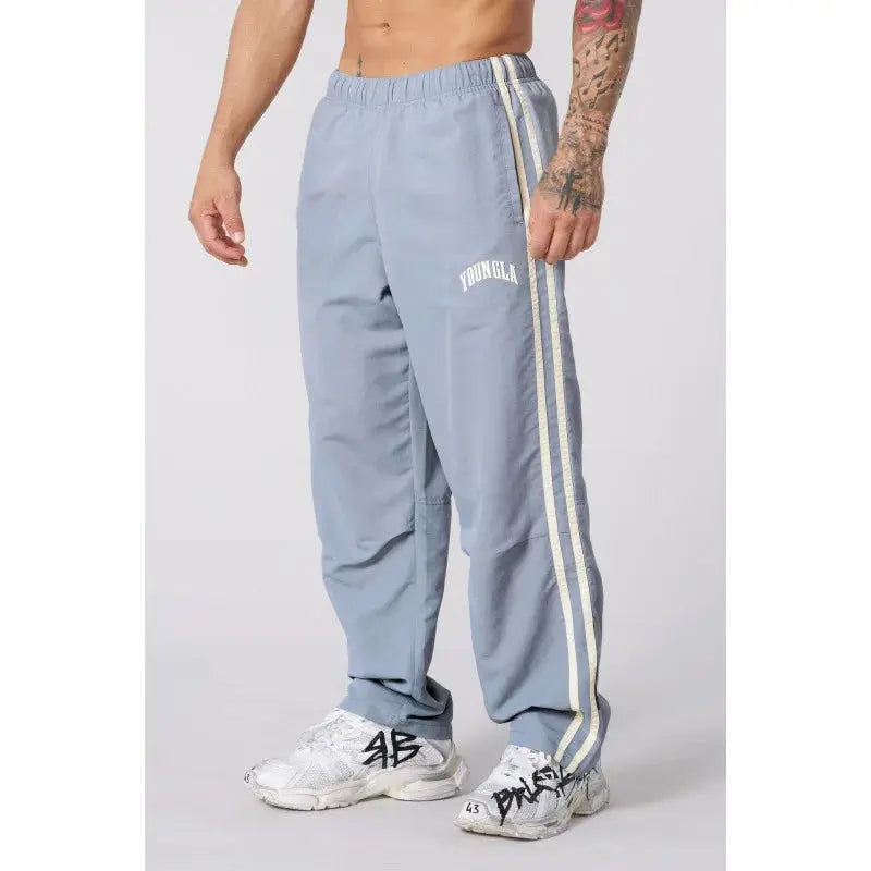 Men Double Side Stripe Quick Dry Wide Leg Track Pants Elastic Waist Straight Floor Length Gym Training Retro Loose Casual Sports