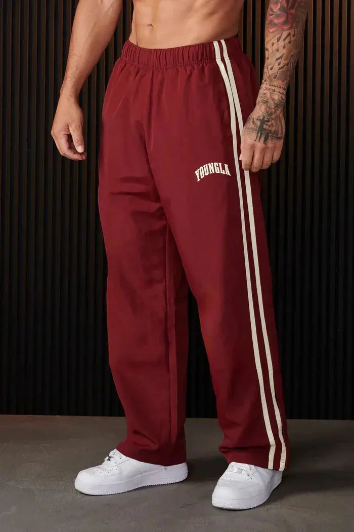 Men Double Side Stripe Quick Dry Wide Leg Track Pants Elastic Waist Straight Floor Length Gym Training Retro Loose Casual Sports